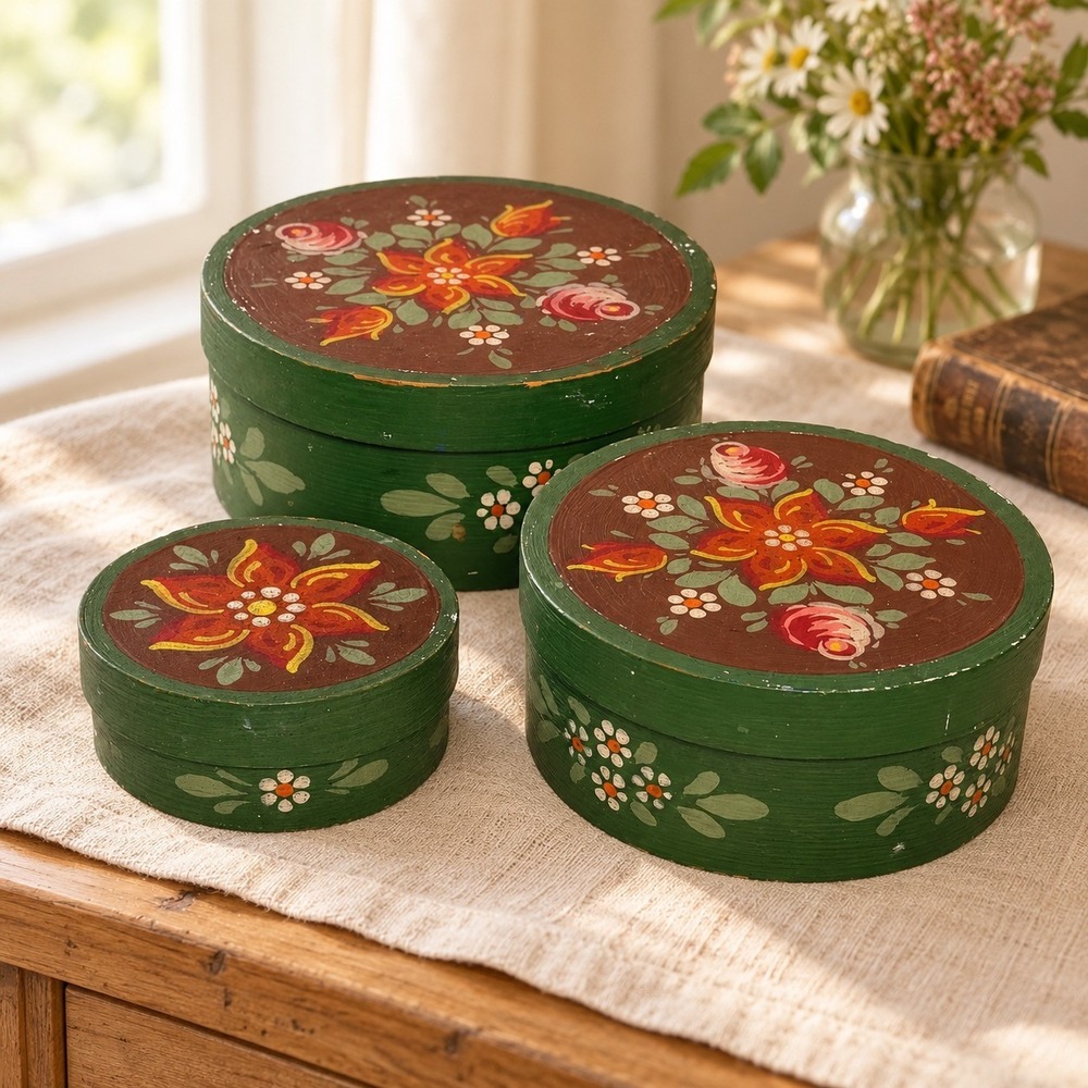 Vintage German Hand Painted Nesting Wood Boxes Set 3 Green Floral Folk Art Decor